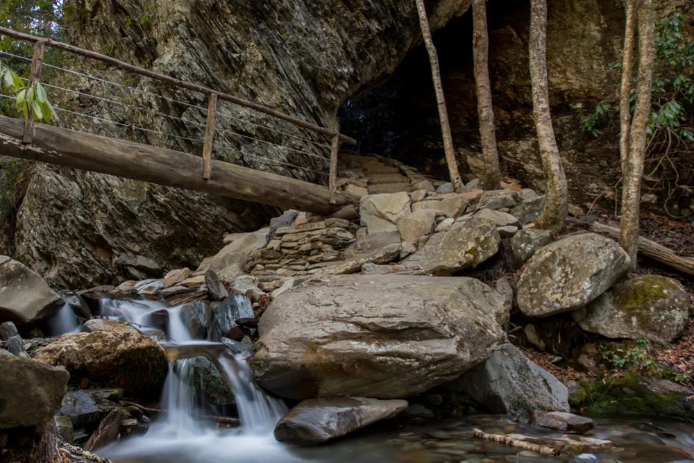 Arch Rock and bridge over cascade on Alum Cave Trail