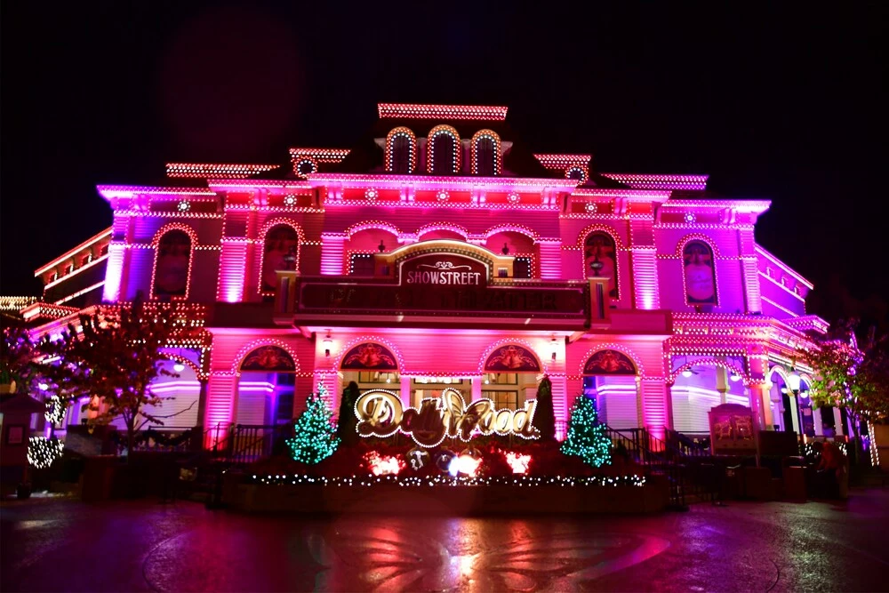 Dollywood theater with Christmas lights